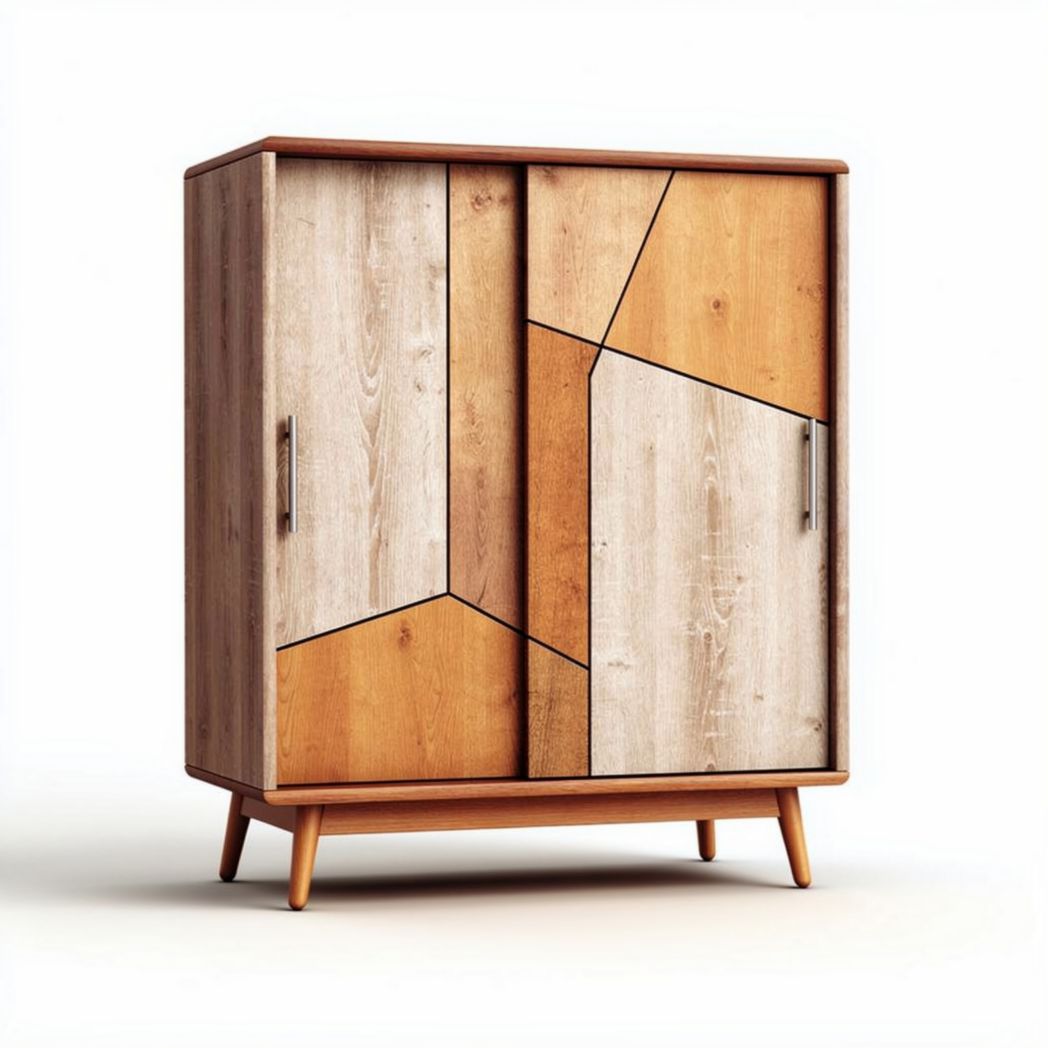 Mobiletto in legno con ante geometriche in tonalità chiara e scura dimensioni 80 x 40 x 100cm
